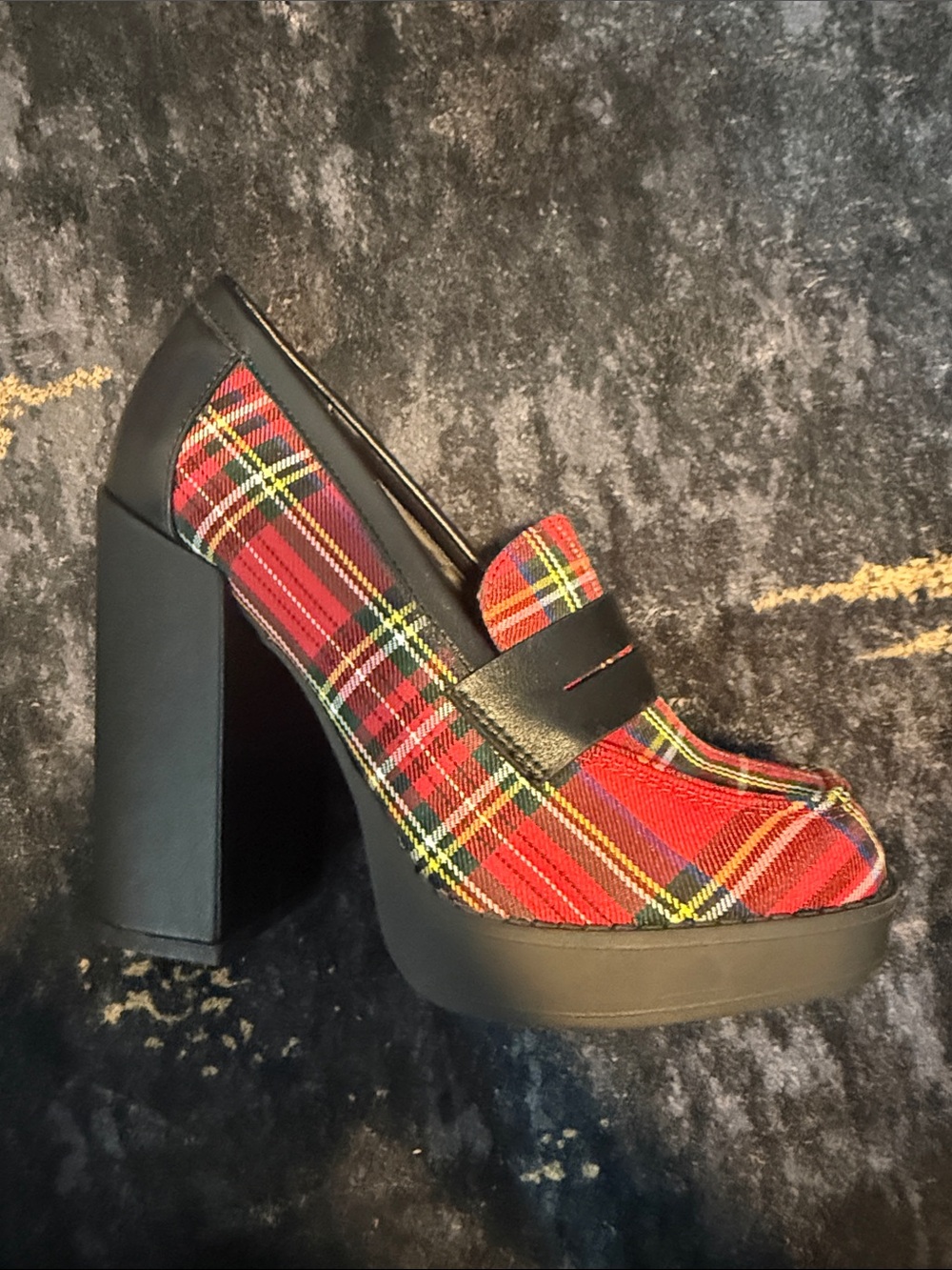 BAMBOO Red Plaid Platform Loafer Heels